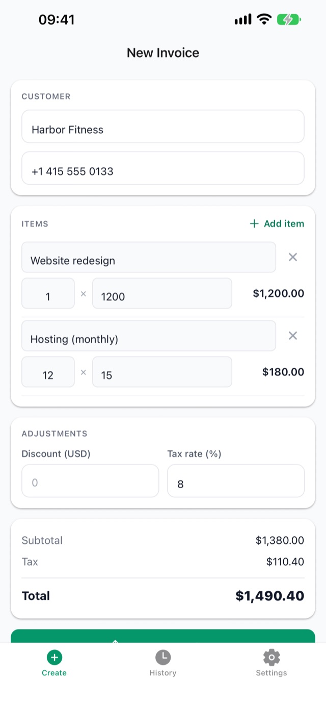 Creating an invoice in BillSnip