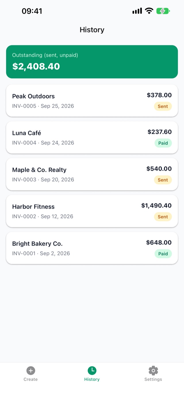 Invoice history with outstanding total