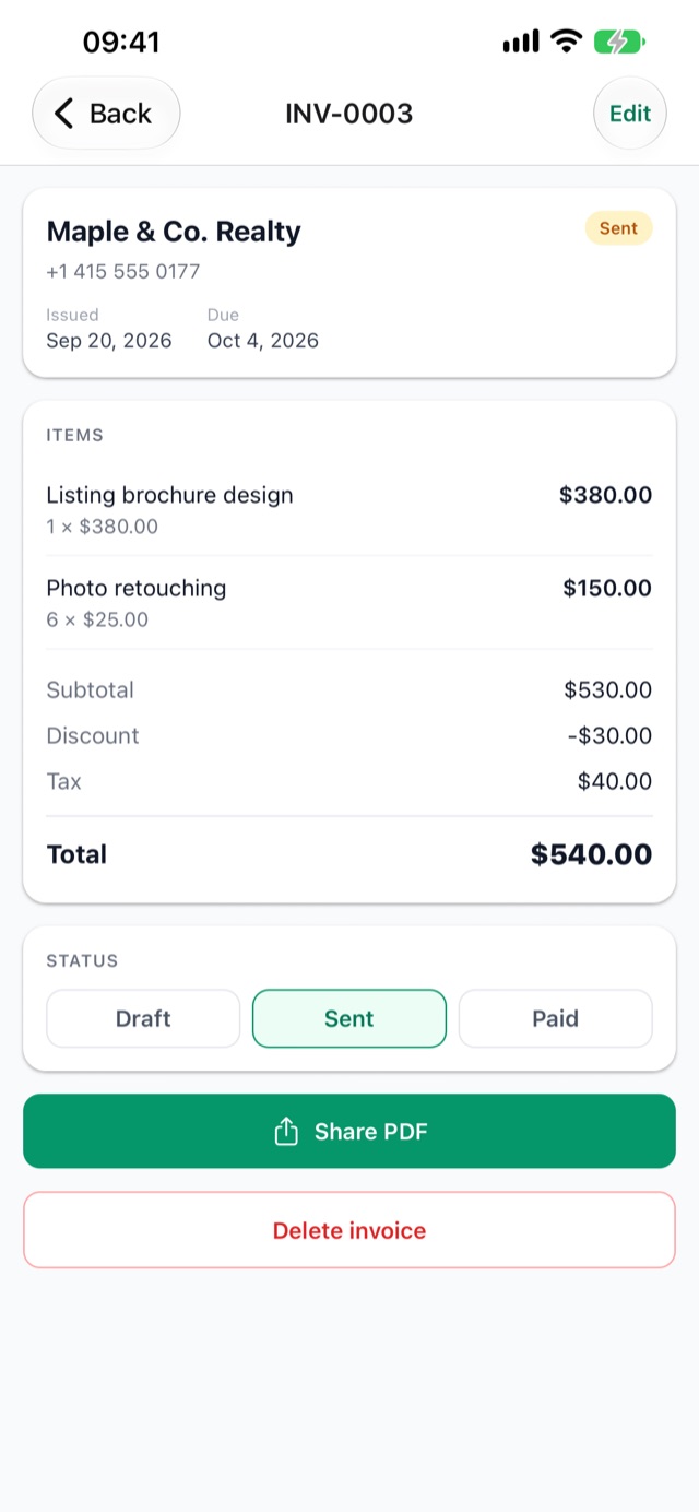 Invoice details and status
